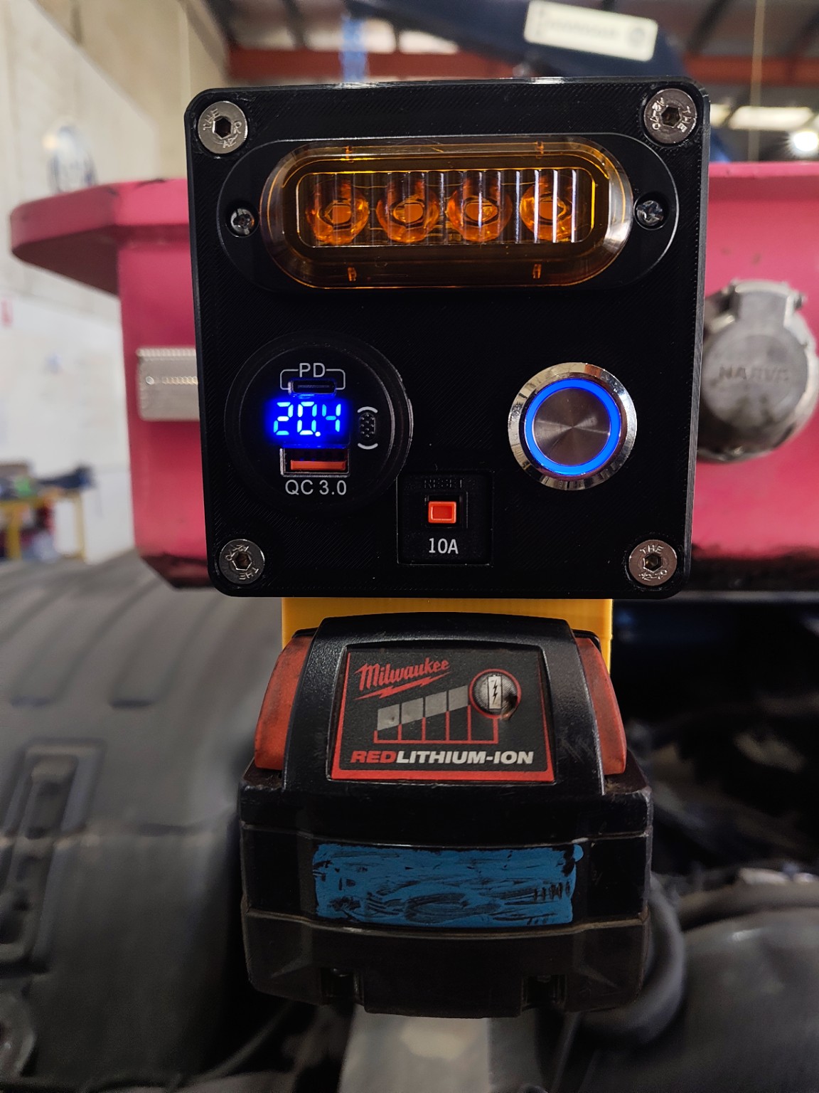 EBS test box front-on with Milwaukee M18 battery attached